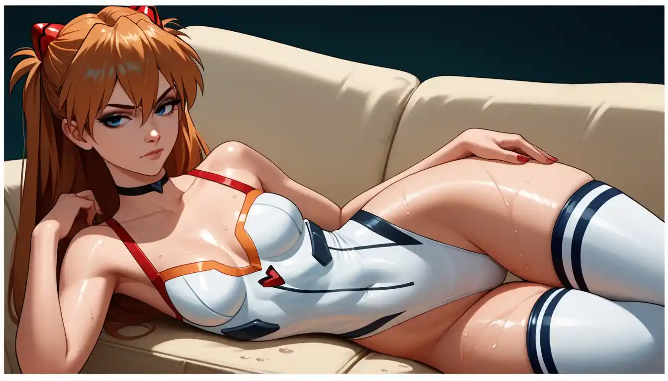 Ragazza anime sdraiata su un divano reale con armatura a body