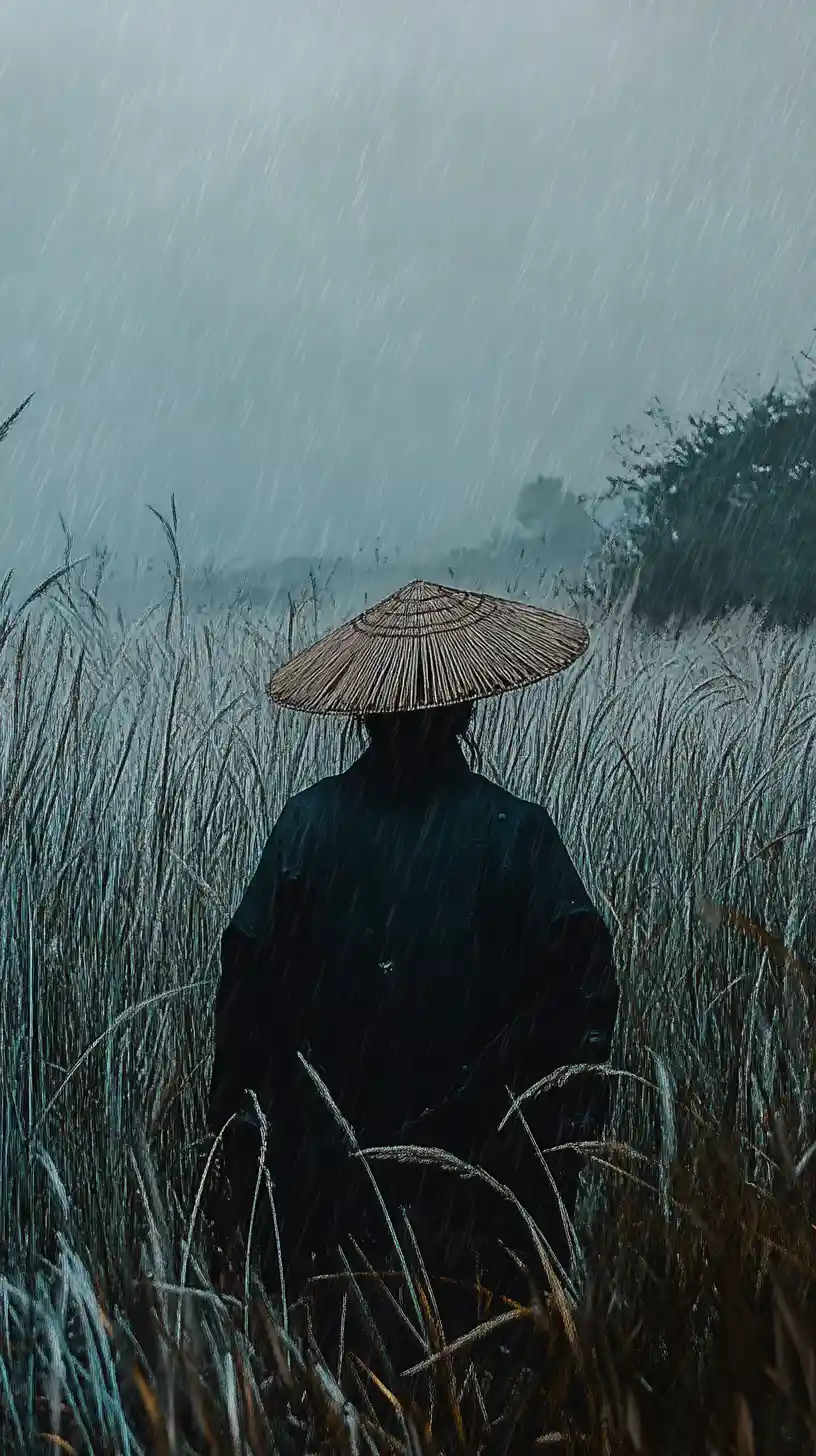 Lone Walker In Rainy Pampas Grass Field