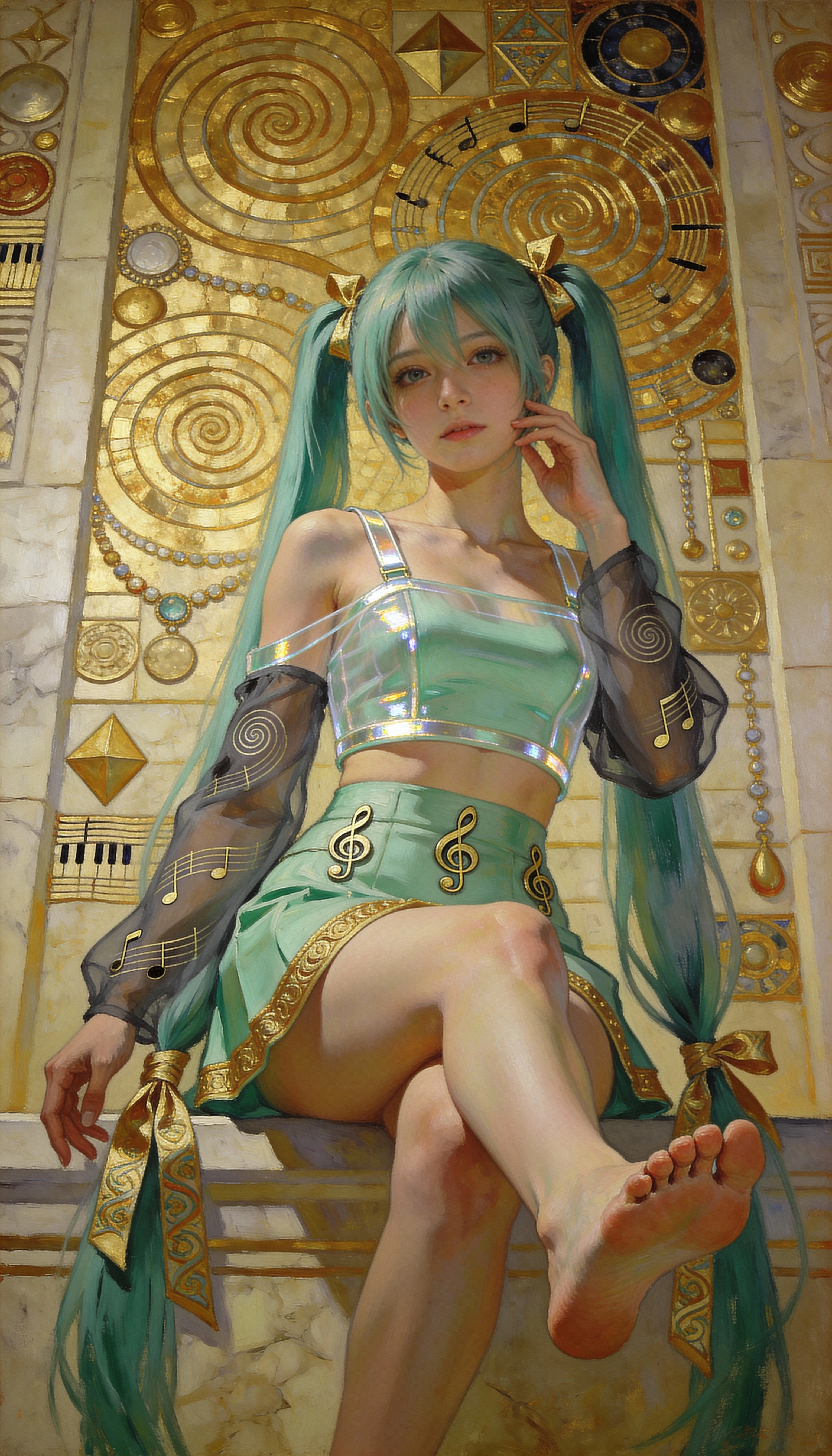 Garota de anime sentada em contra-plongée com parede dourada abstrata
