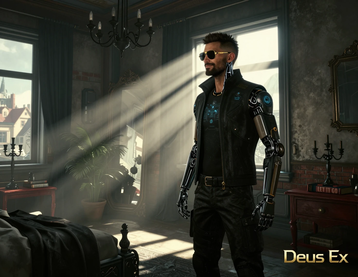 Augmented detective man in a cyberpunk bedroom interior
