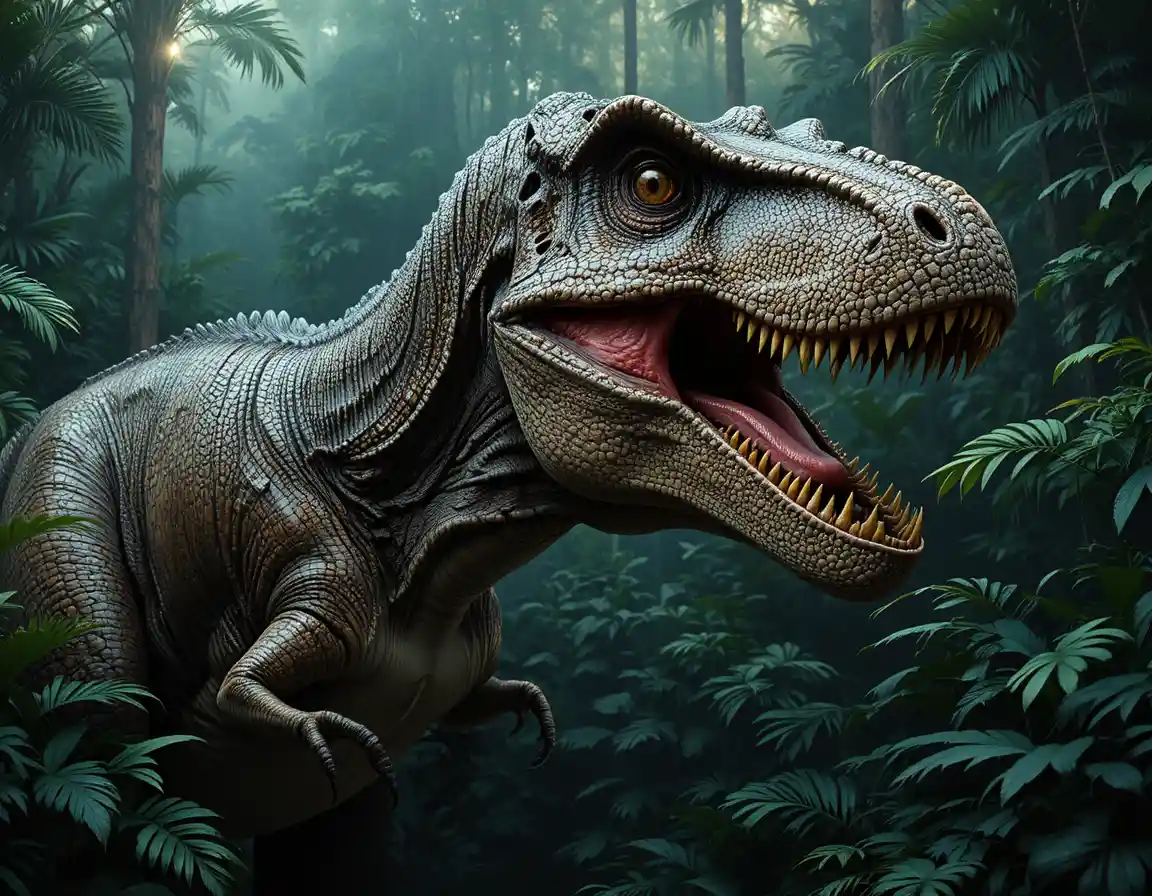 Retrato em close de um tiranossauro rex rugindo na selva
