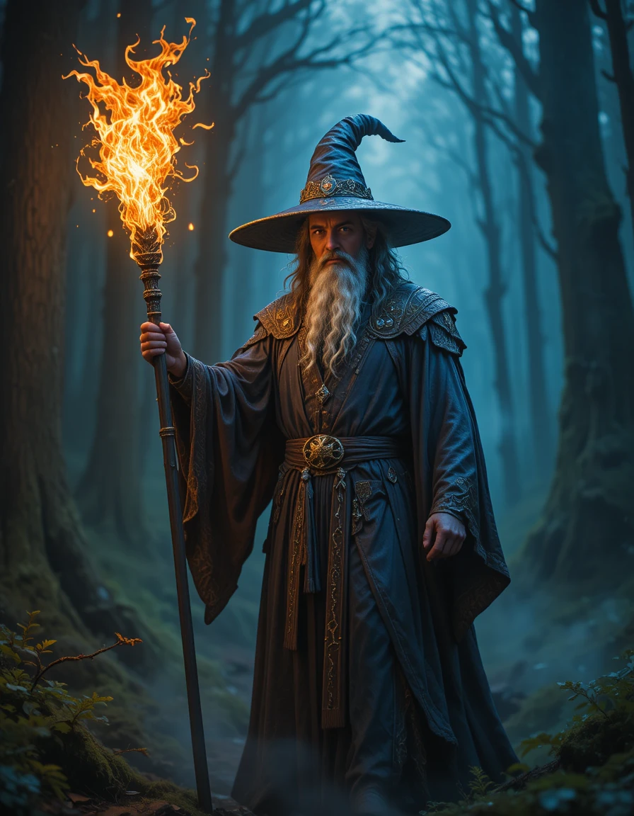 Fantasy wizard with glowing staff in mystical forest