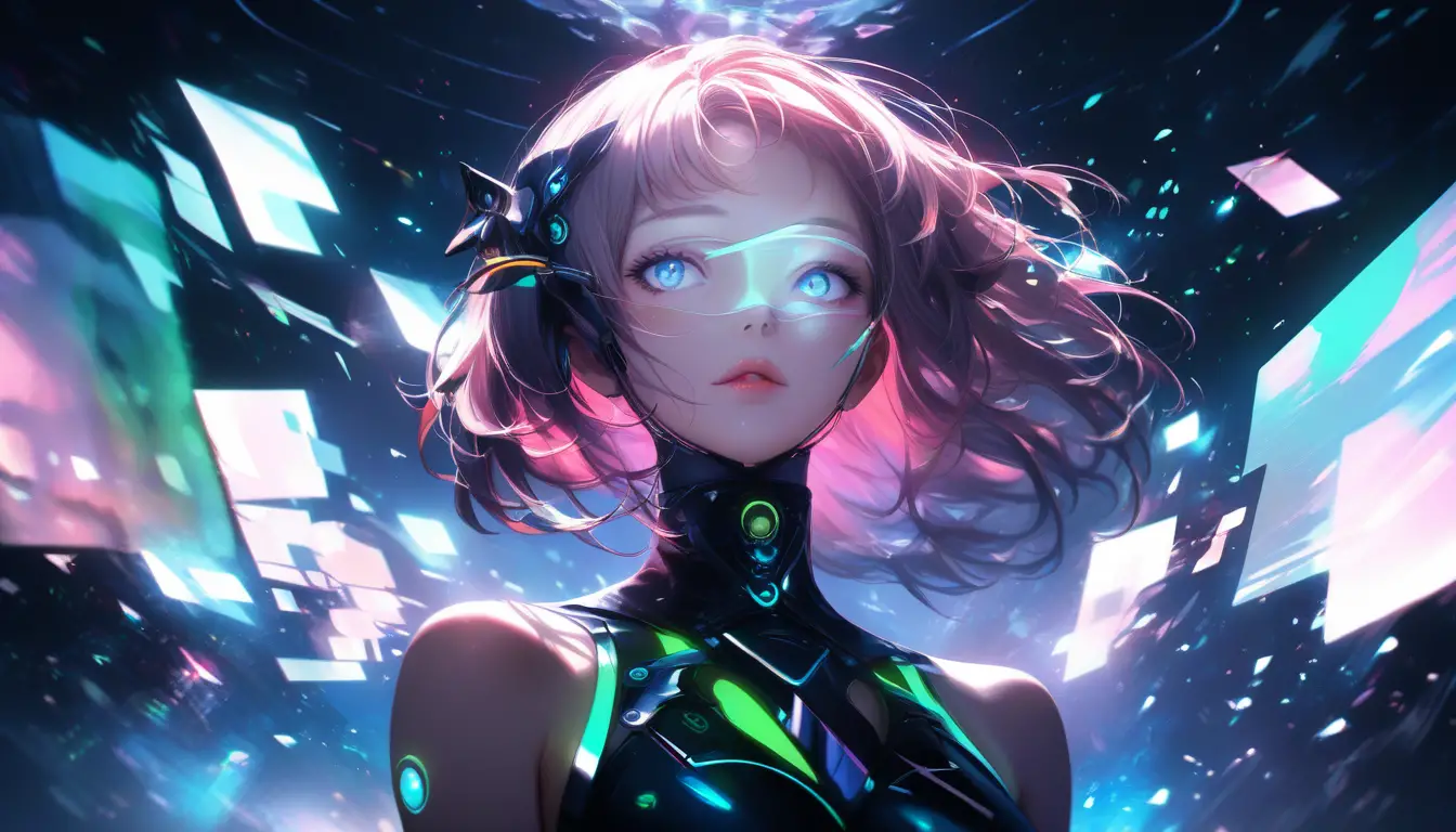 Junge Frau mit holografischer, futuristischer Technologie um sich herum