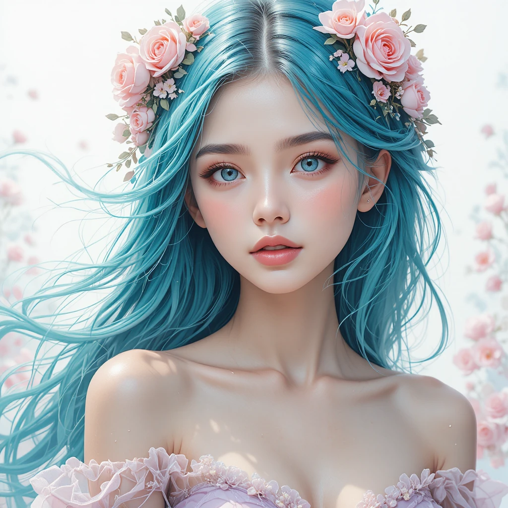 Ethereal teal haired girl with rose crown portrait