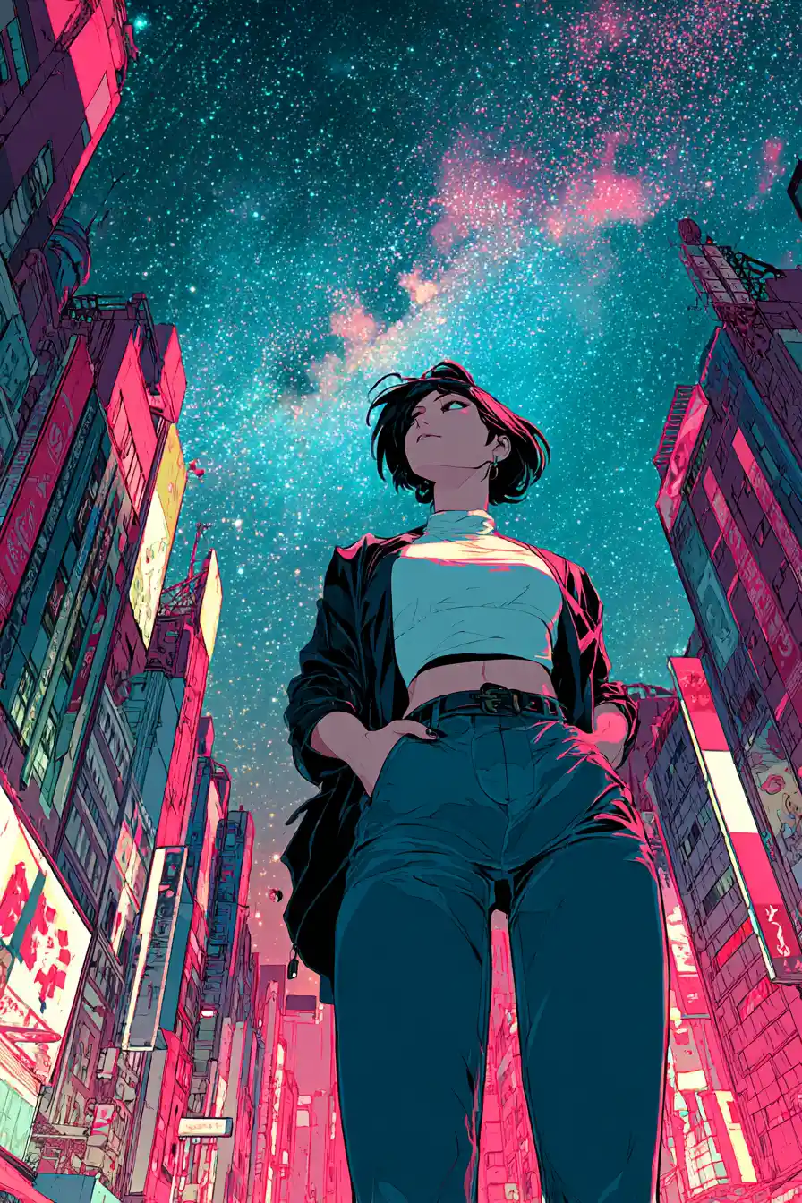 Anime woman on neon cyberpunk city street at night