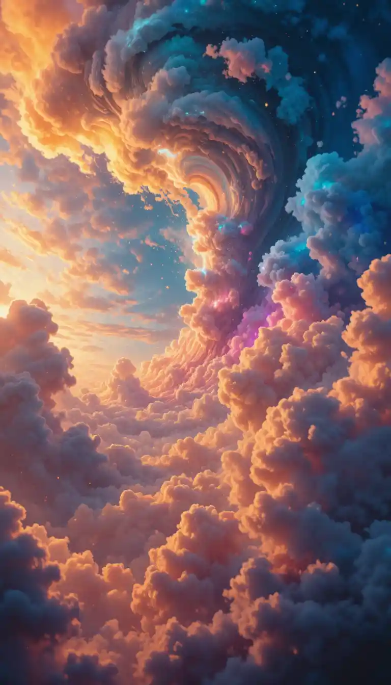 Surreal celestial clouds swirling in vibrant iridescent colors