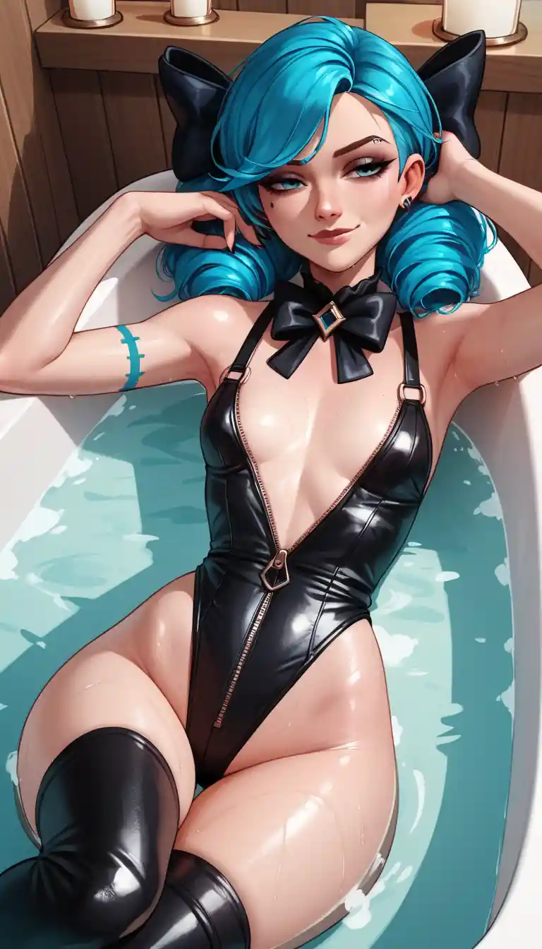 Blue haired anime girl relaxing in a steamy bathtub
