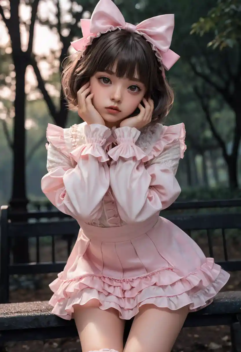 Cute girl in frilled lolita dress posing in night park