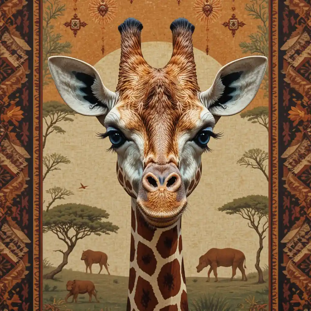 Blauäugige Giraffe vor einem Tribal-Savannen-Tapisserie-Hintergrund