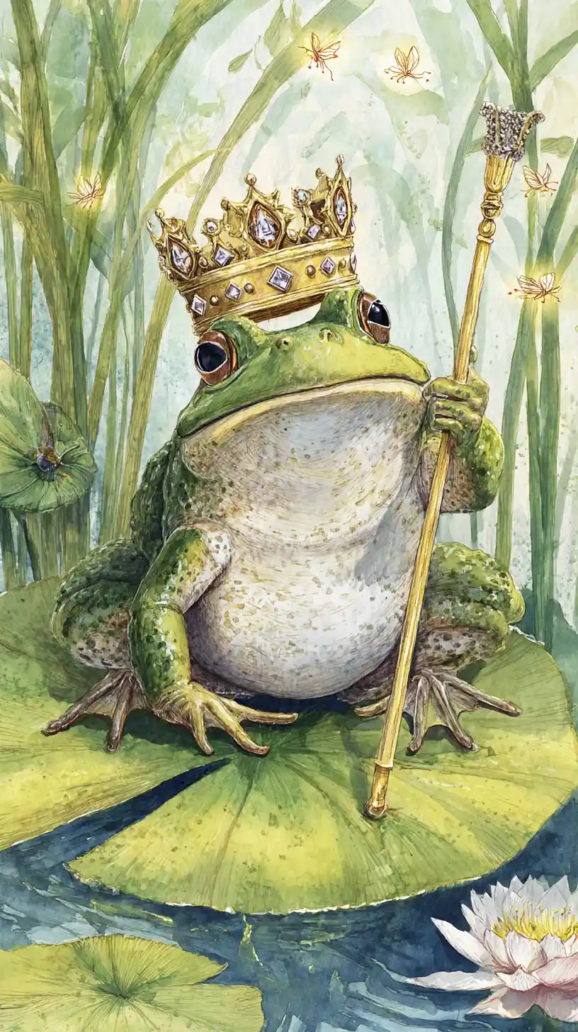 Frog prince on a lily throne in a whimsical pond