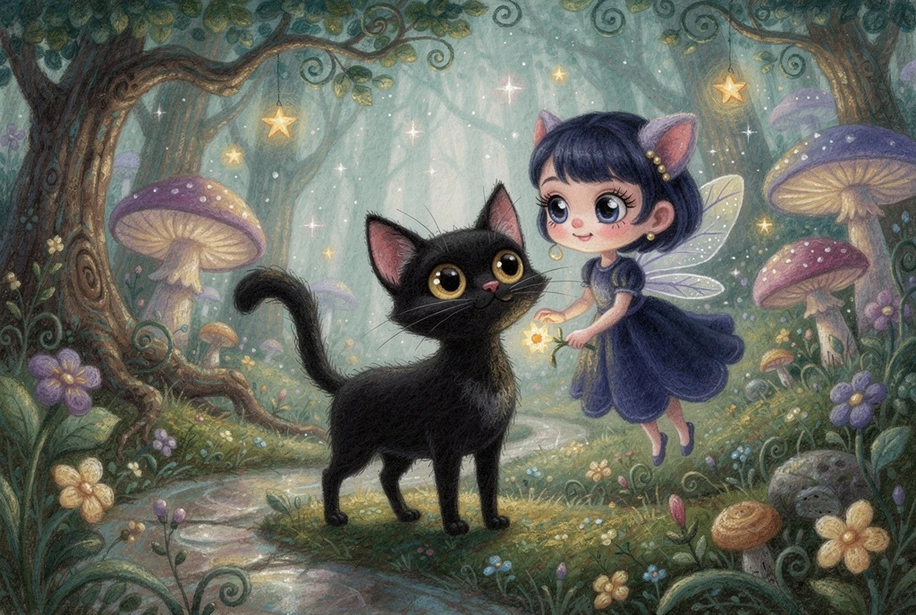 Piccolo gatto nero e minuscola fata nella foresta incantata
