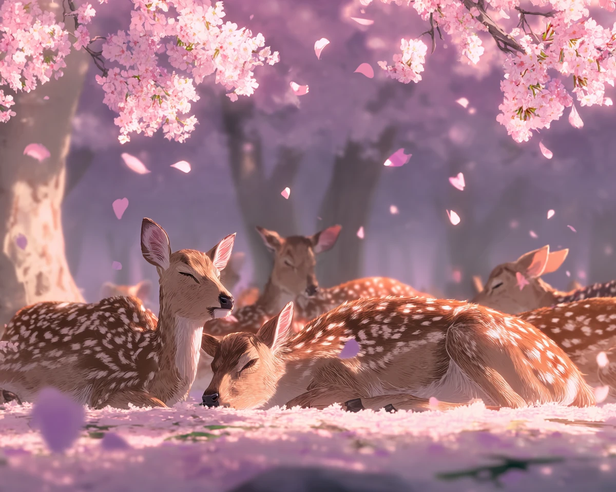 Anime deer resting under cherry blossoms in Nara Park