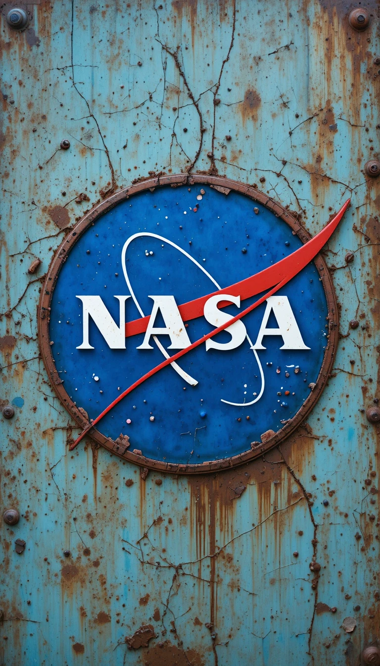錆びた金属表面に風化したNASA風ロゴ