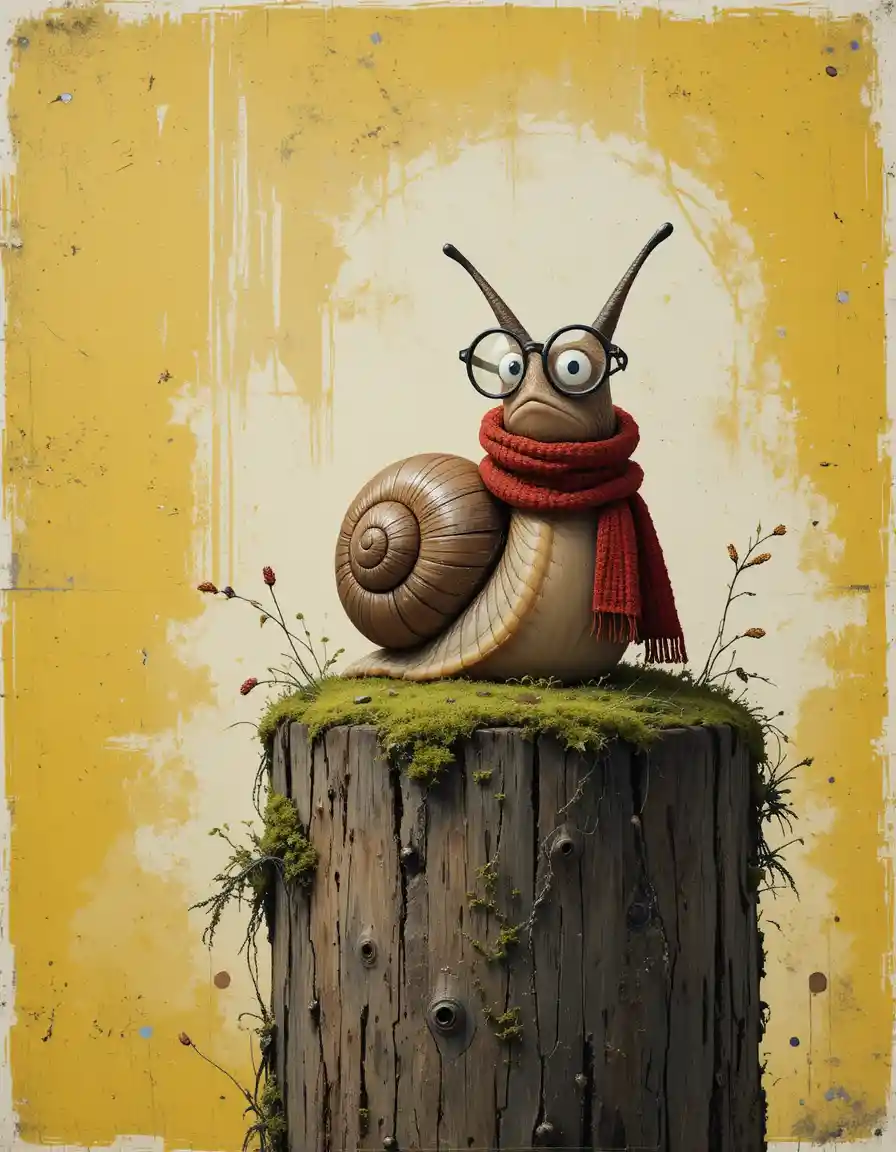 Escargot fantaisiste avec lunettes sur un poteau en bois moussu