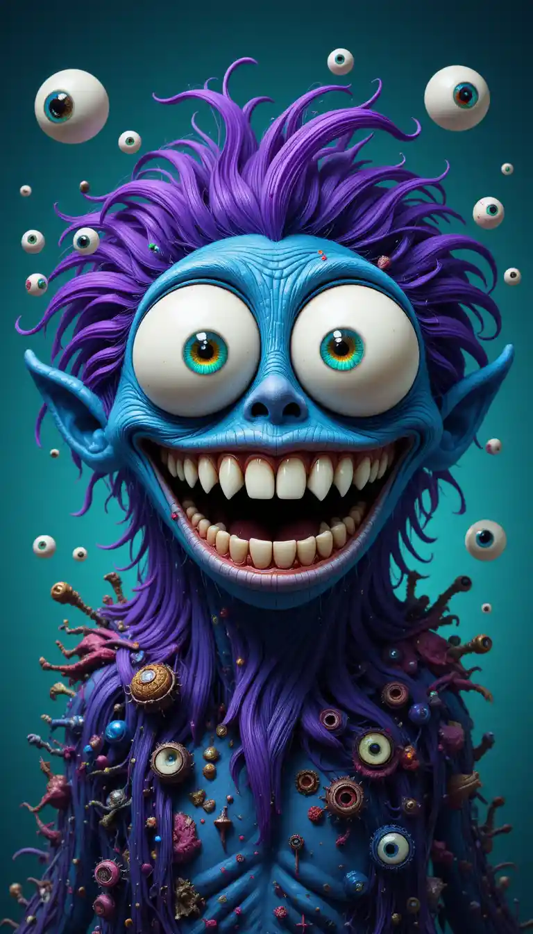 Playful blue cartoon monster with bulging eyes and grin