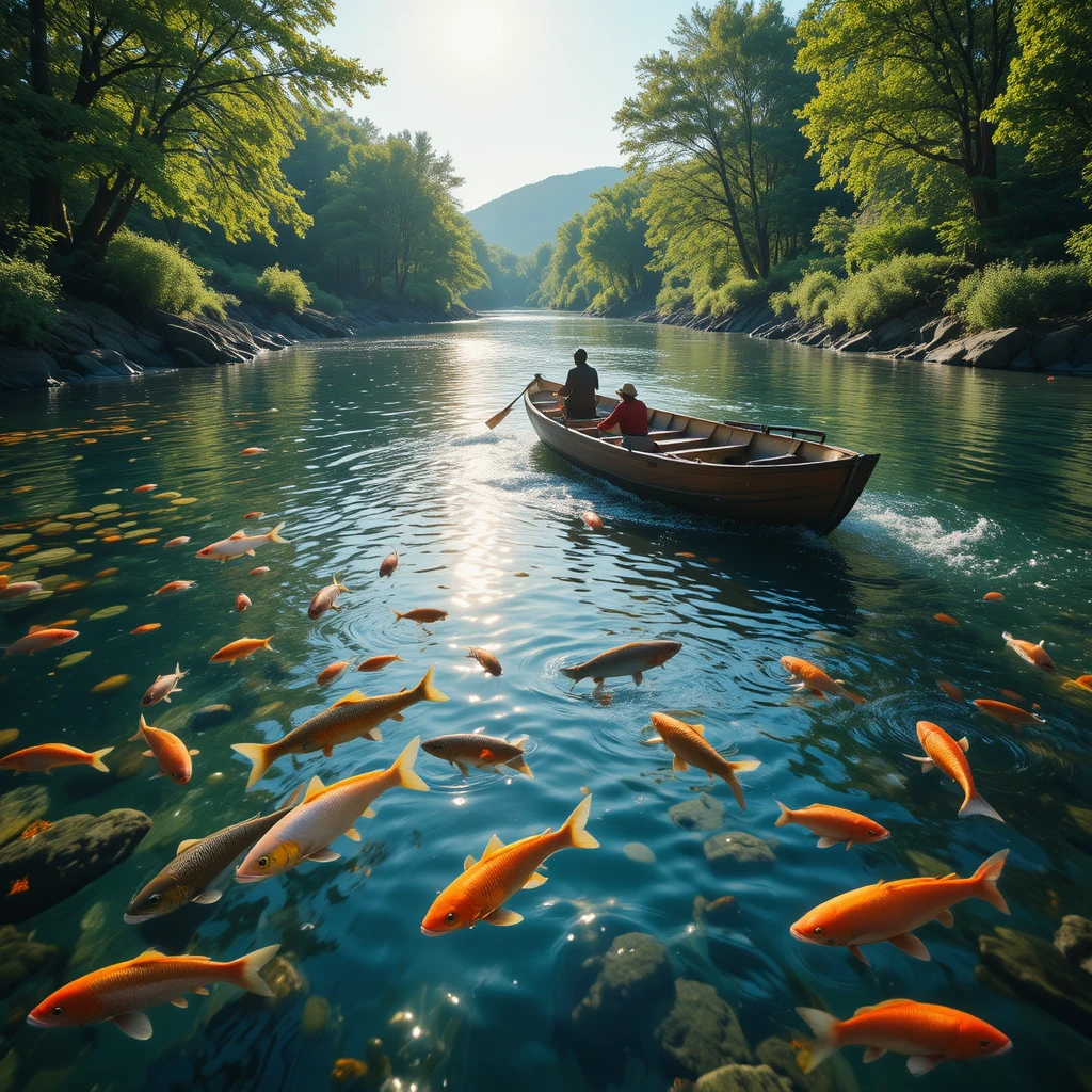 色とりどりの魚と木のボートが浮かぶ穏やかな川