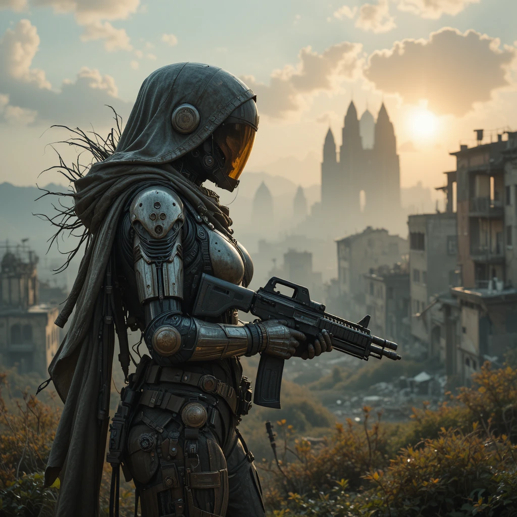 Lone sci fi warrior watching alien machines at sunset