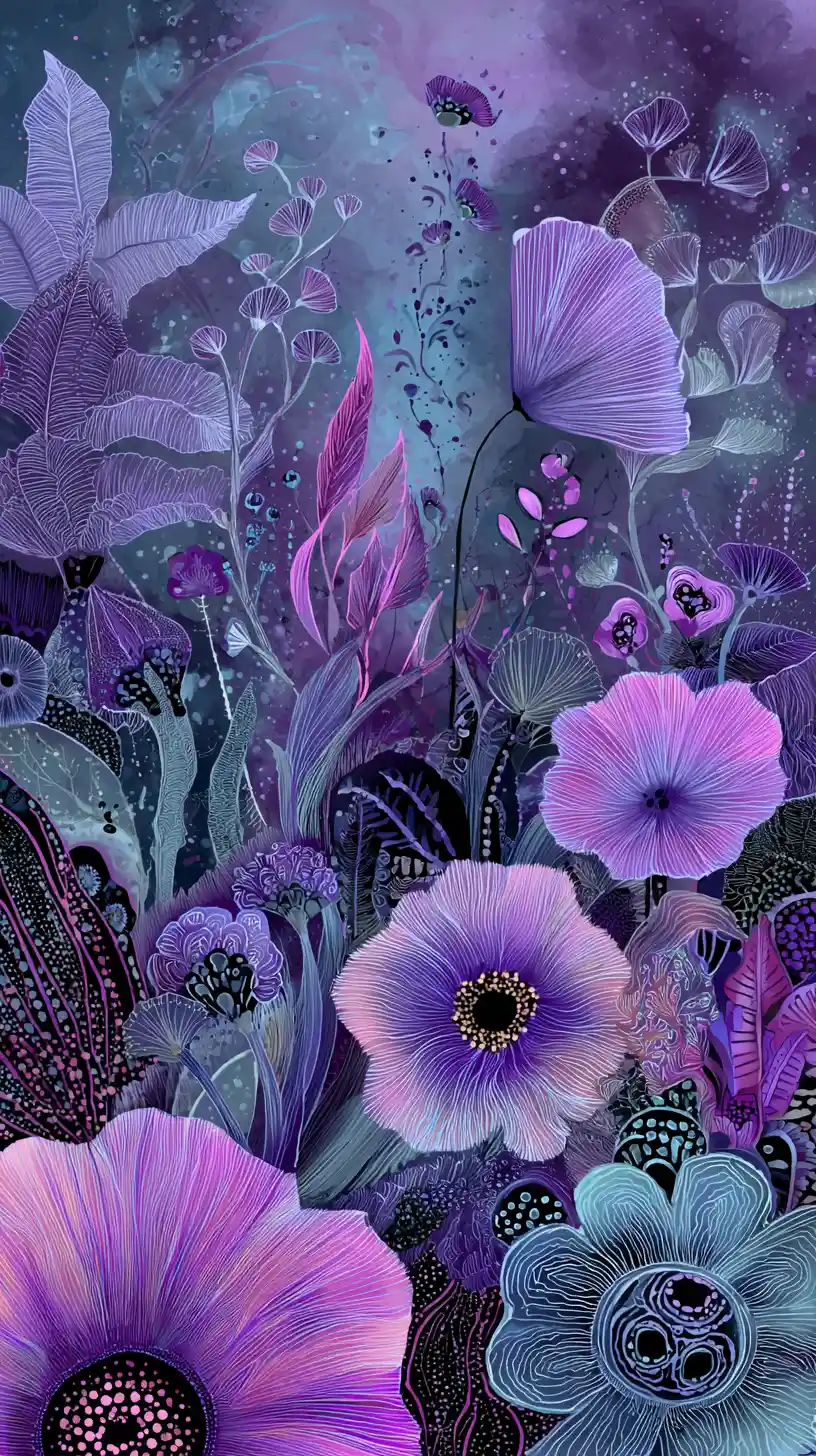 Surreal abstract illustration with playful purple skull motifs