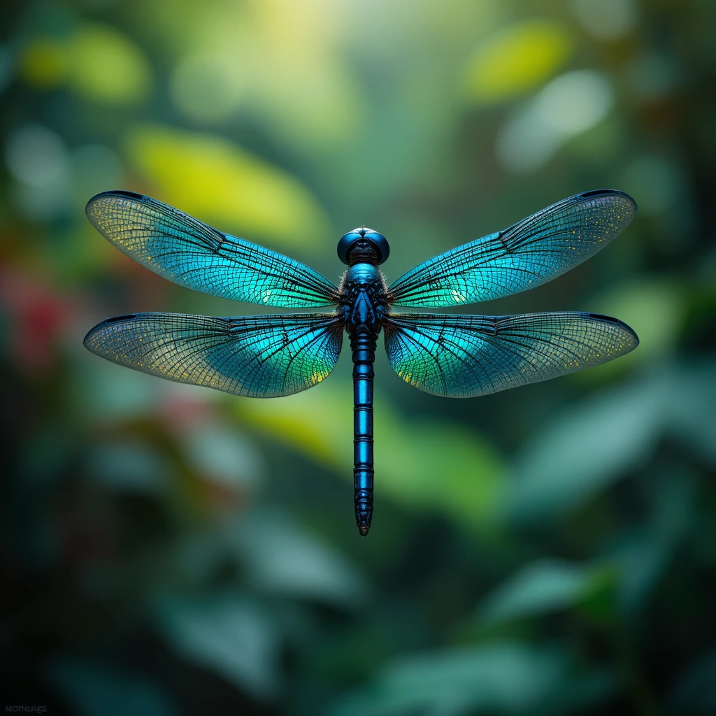 Macro dragonfly hovering above a lush green jungle
