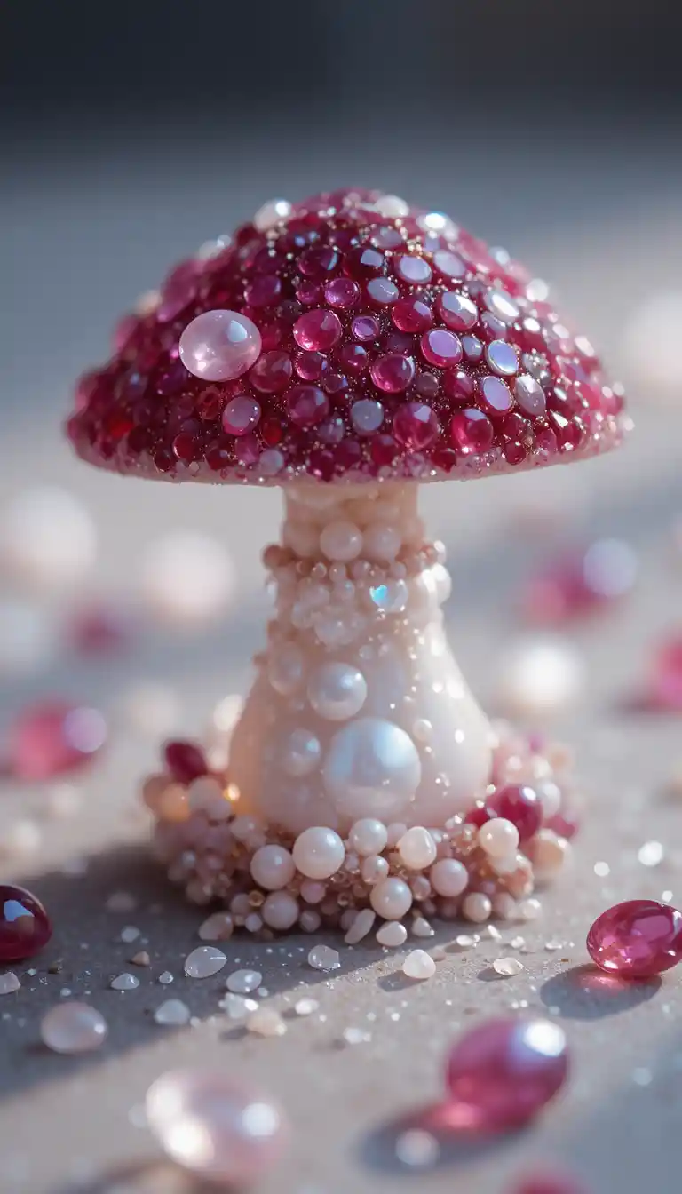 Gemstone mushroom sculpture in soft studio close up