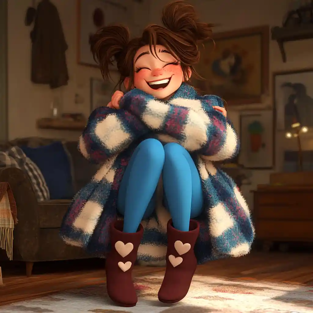 Playful woman hugging herself in a cozy living room