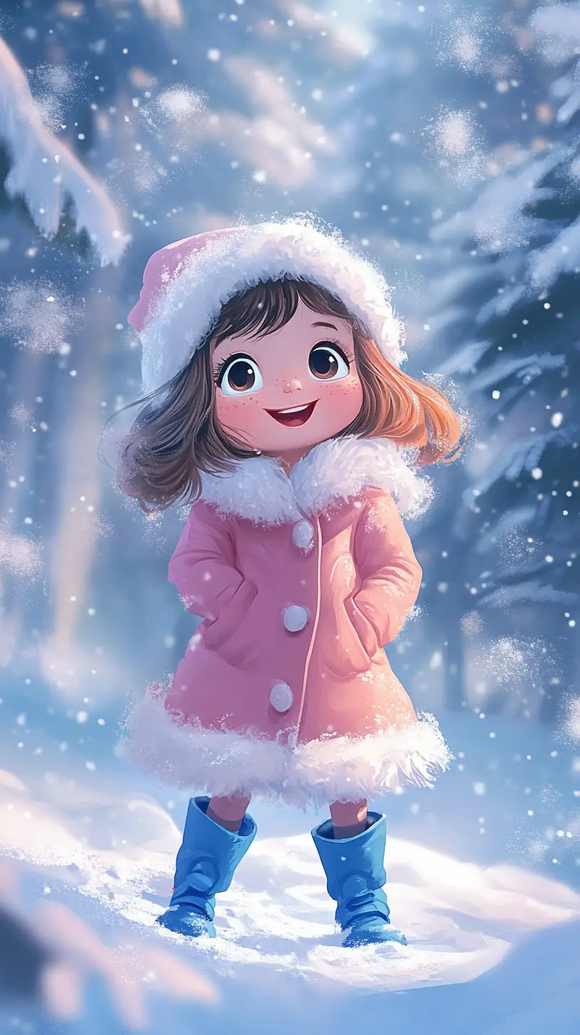 Cheerful cartoon girl in a magical snowy forest