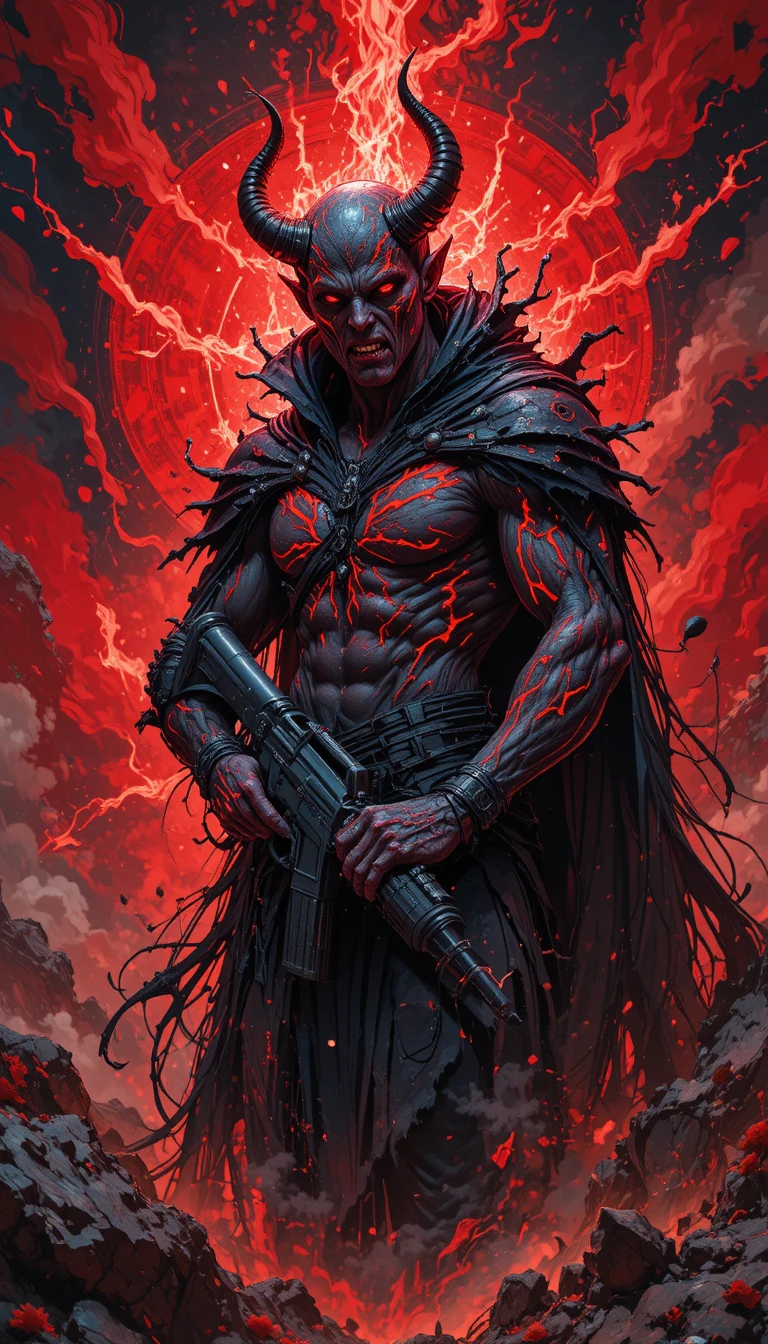 Demonic warrior with glowing tattoos and futuristic gun