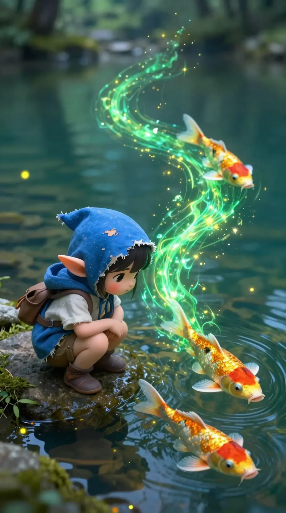 Tiny elf by a crystal lake in a magical forest