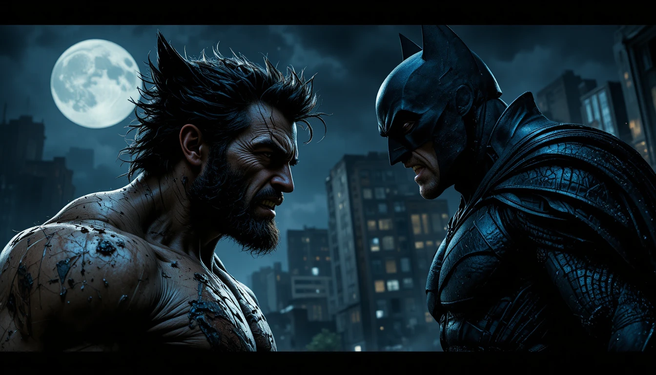 Wolverine und Batman kämpfen in einer düsteren mondbeschienenen Stadt
