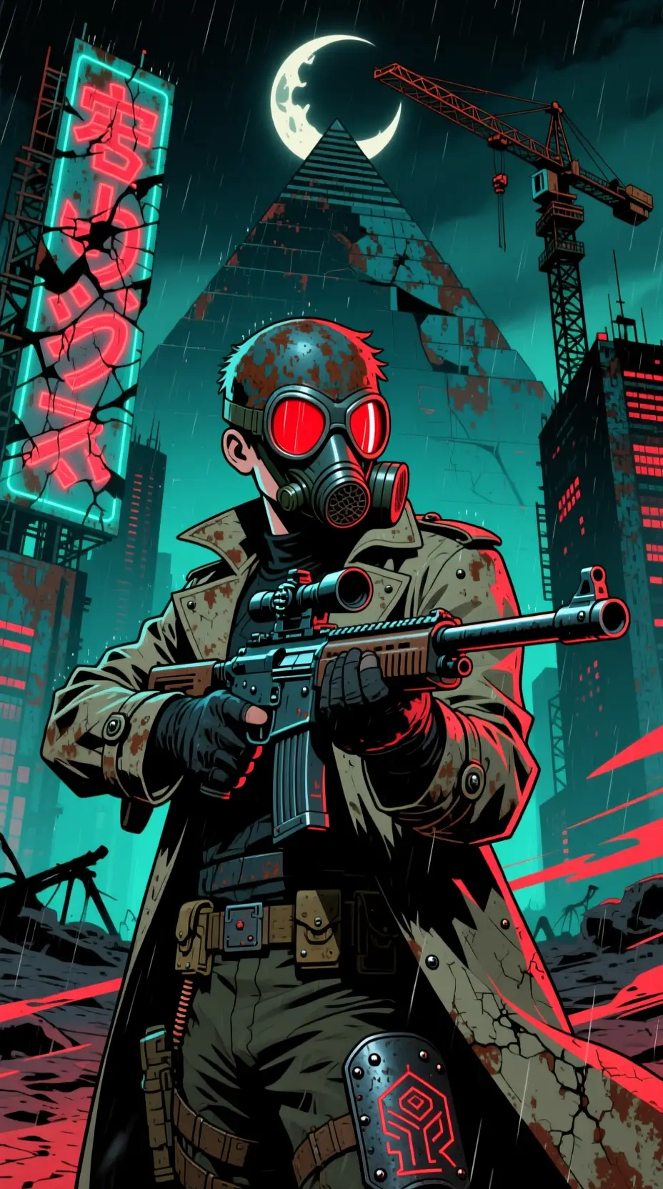 Post apocalyptic sniper in gas mask above ruined megacity