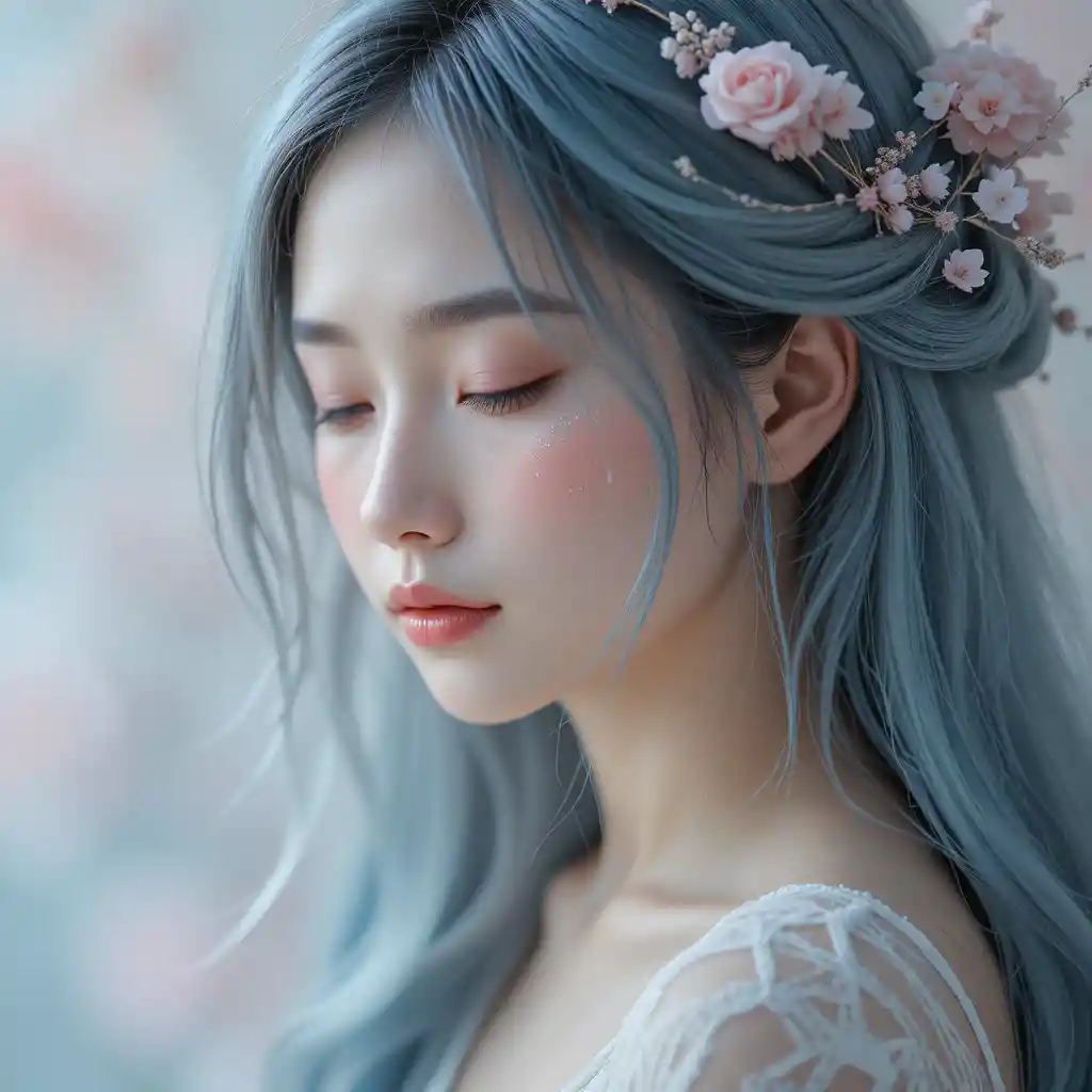 Dreamy portrait of a young woman with blue silver hair