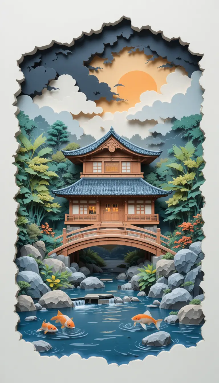 Casa japonesa y estanques de koi en arte de papel recortado en capas