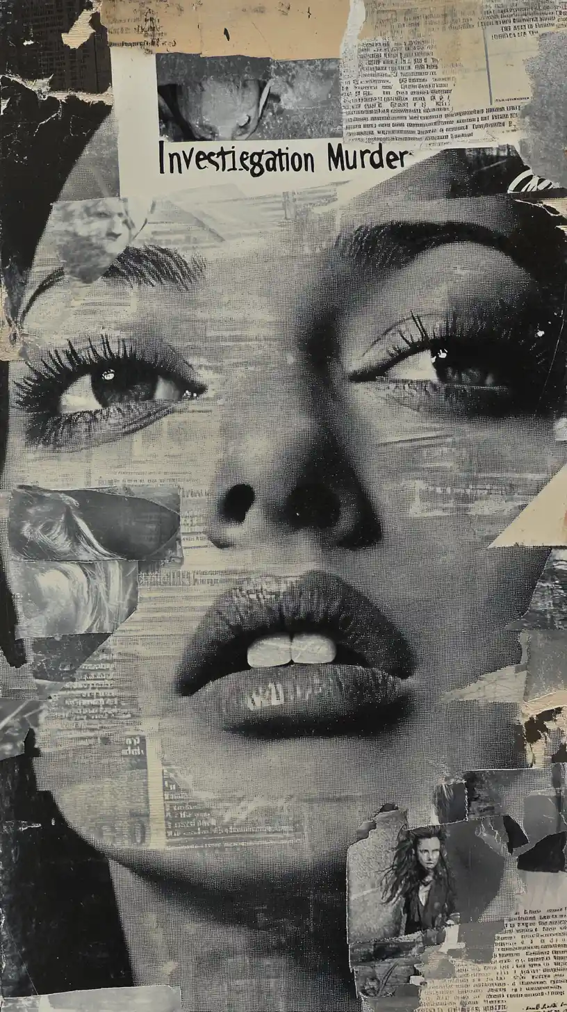 Grayscale halftone collage of a fragmented woman face