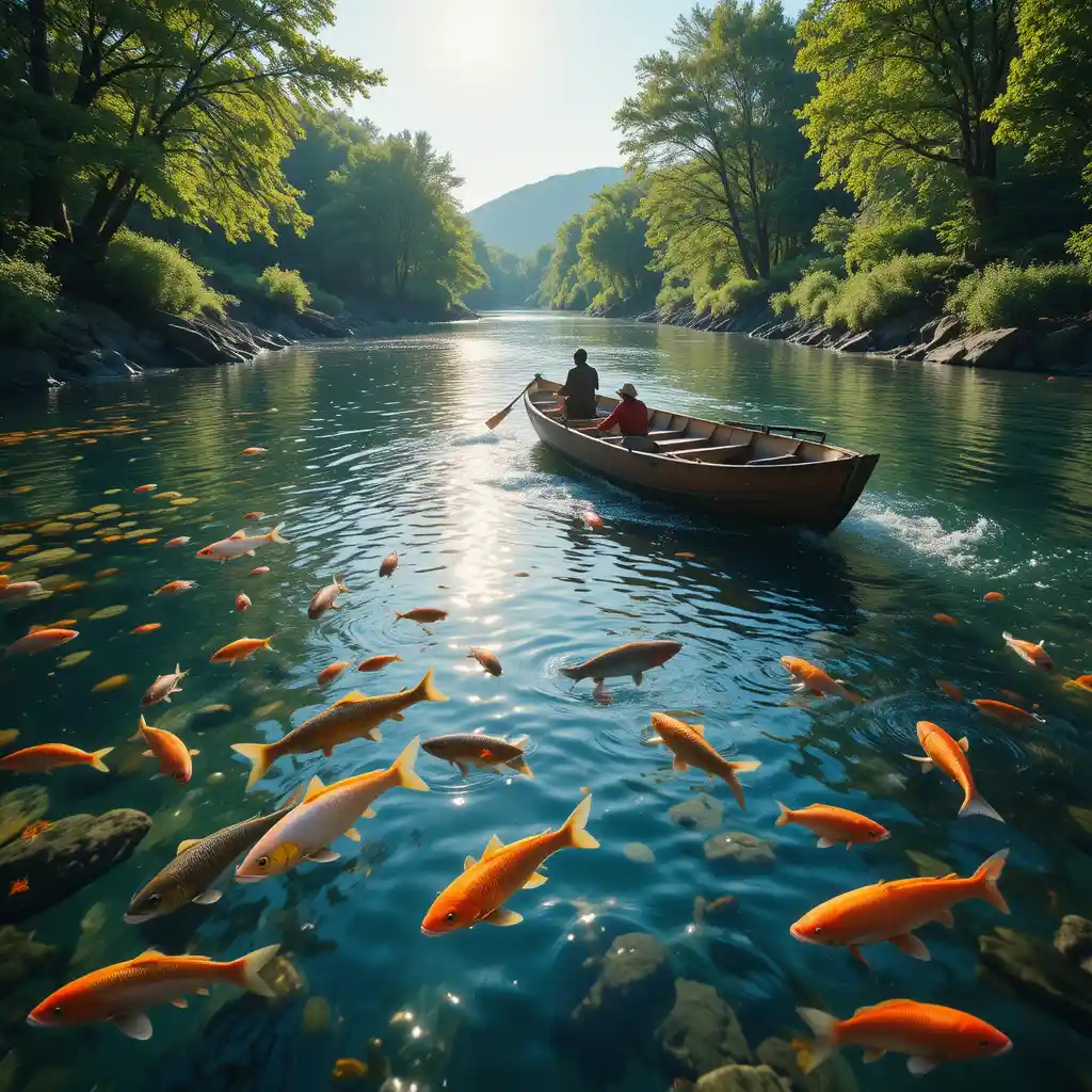色とりどりの魚と木のボートが浮かぶ穏やかな川