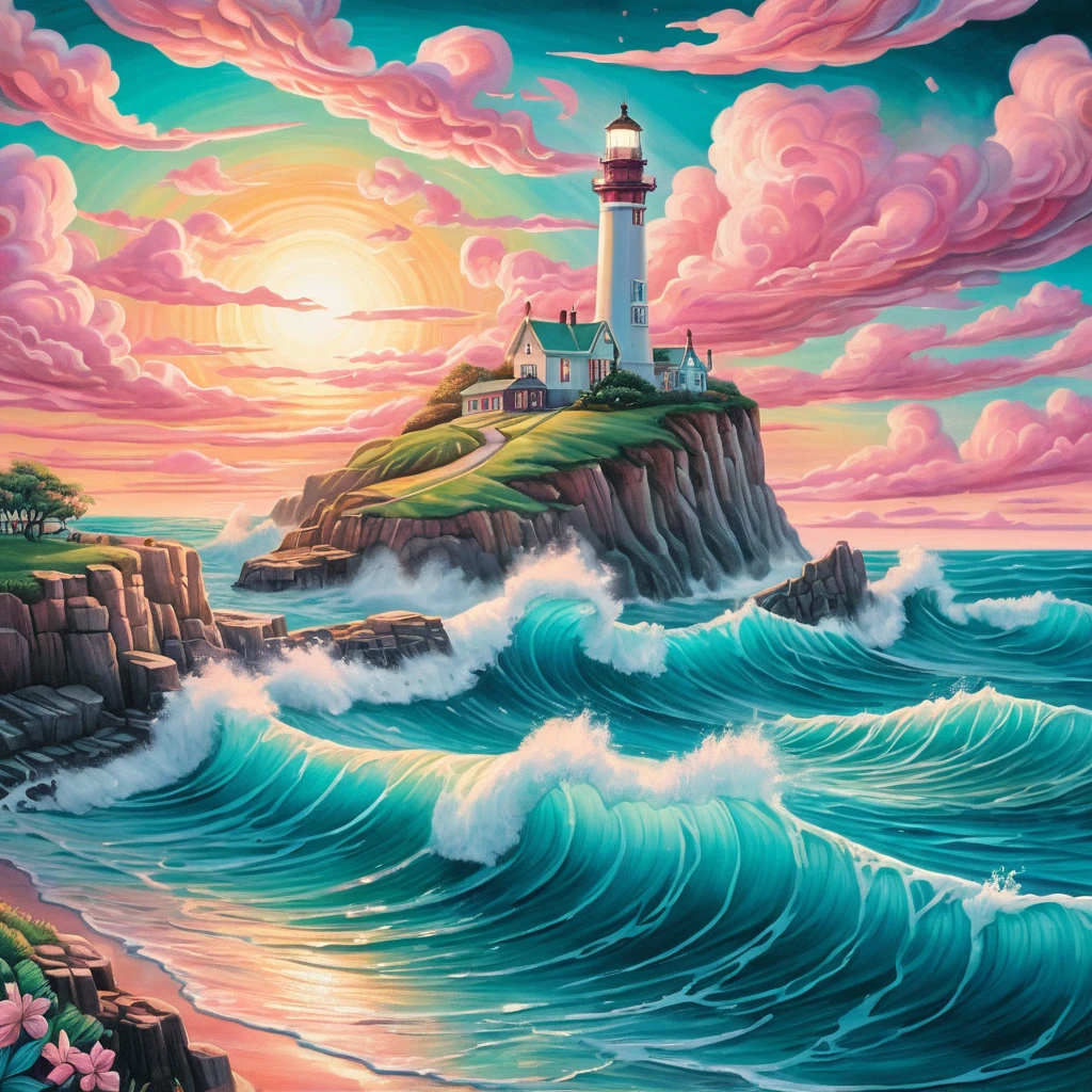 Surreal sunrise lighthouse above teal ocean waves