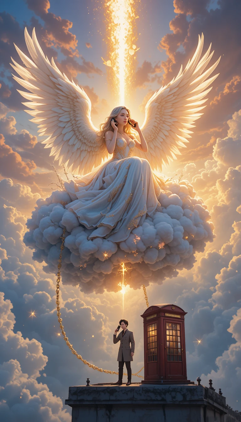Angel woman on celestial phone above glowing sunset clouds
