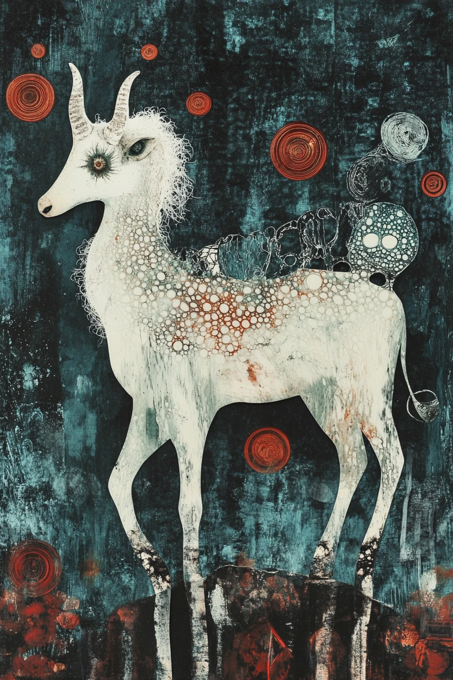Joyful cat lady riding a galloping sheep in warm woolens