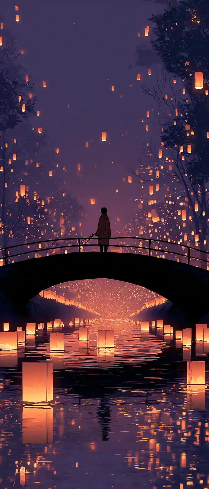 Girl releasing a paper lantern on a twilight bridge