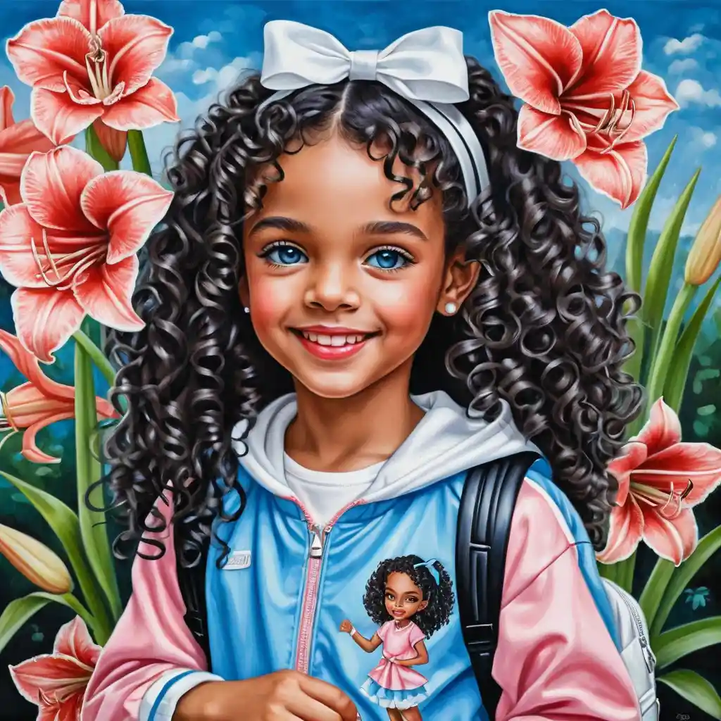 Smiling curly haired girl with blue eyes and flowers