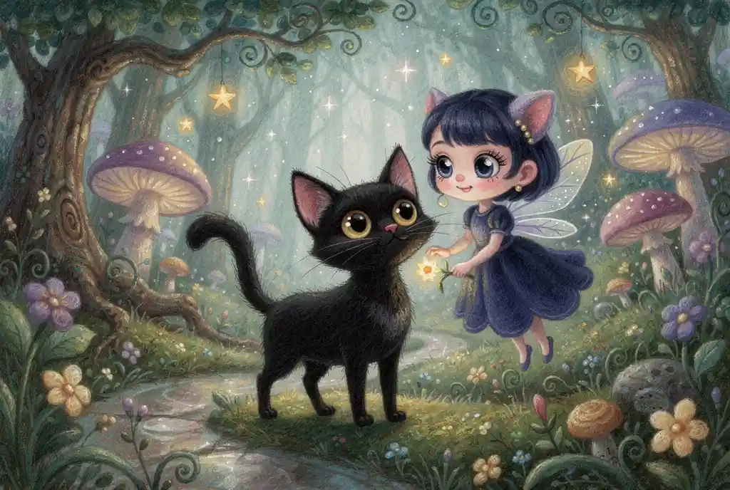 Petit chat noir et minuscule fée dans une forêt enchantée