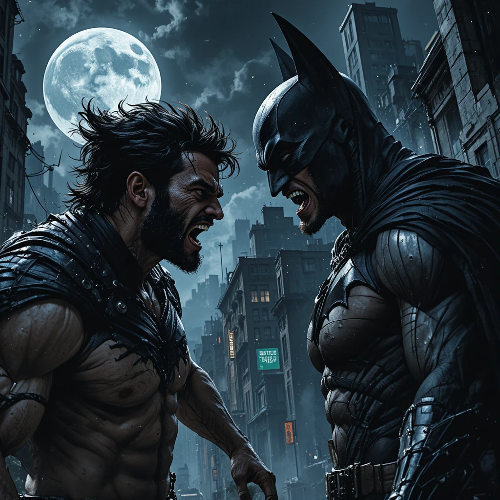 Superhero duel under a low full moon in the city