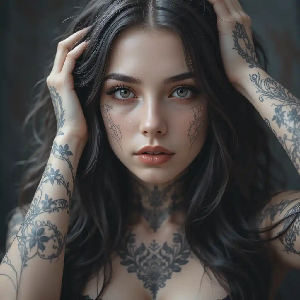 Tattooed young woman portrait with dark blurred background
