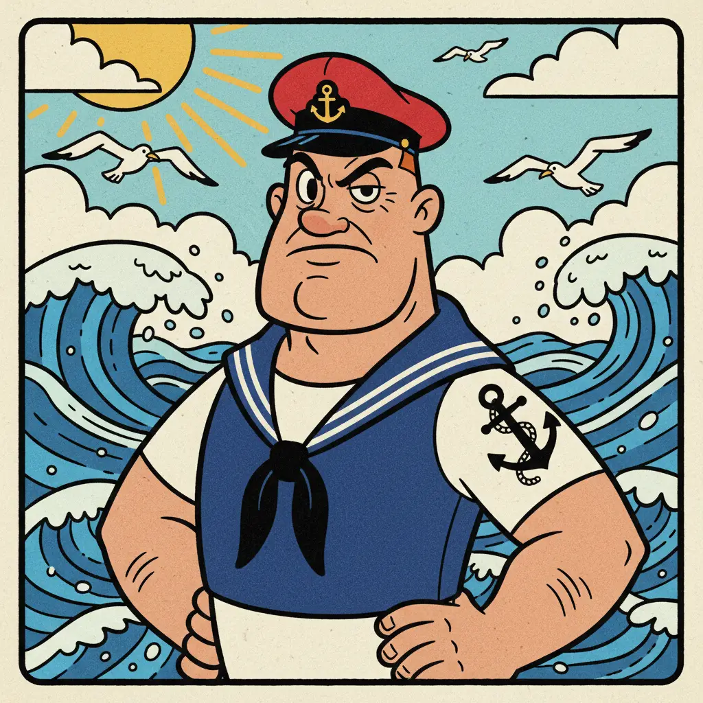 Cartoon sailor with anchor tattoo by the ocean