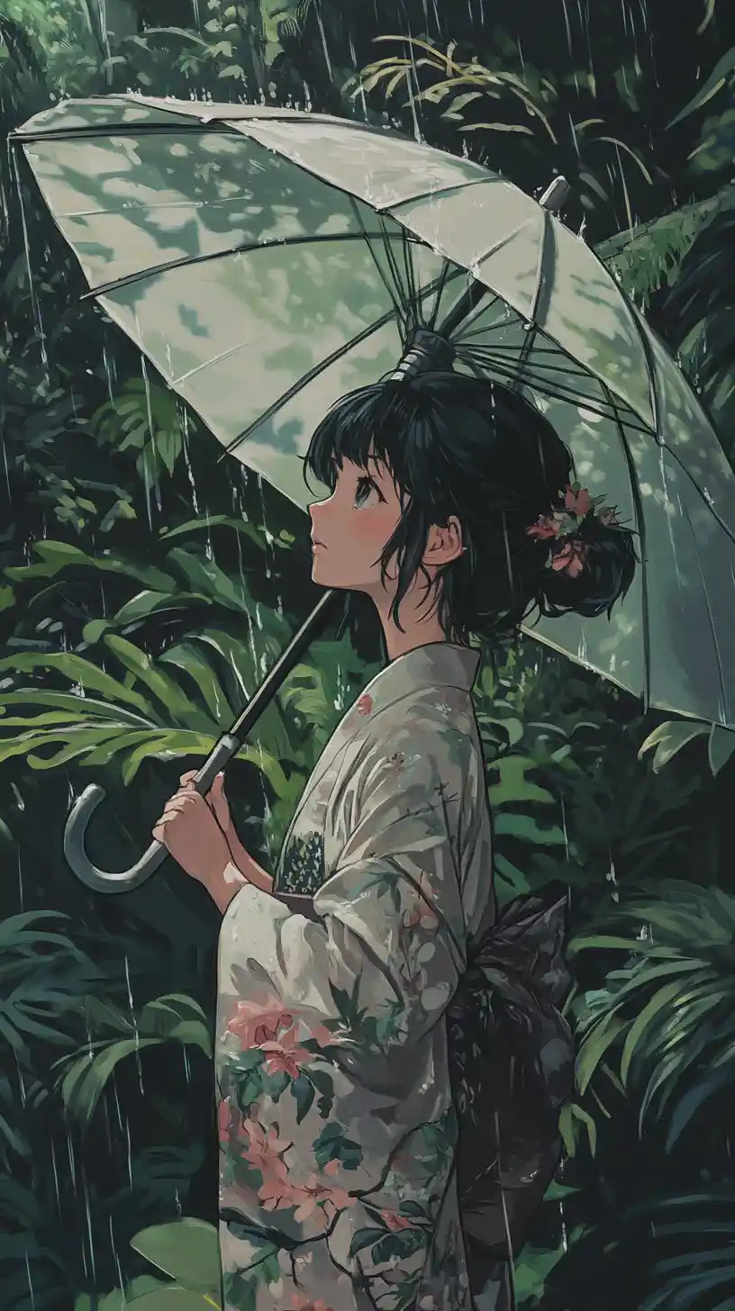 Anime girl with umbrella in rainy tropical forest