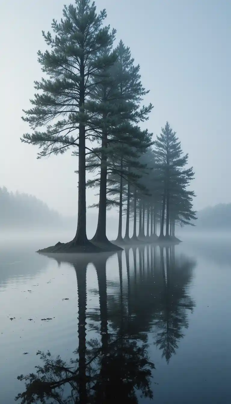 Tranquilos pinos reflejados en un lago brumoso al amanecer