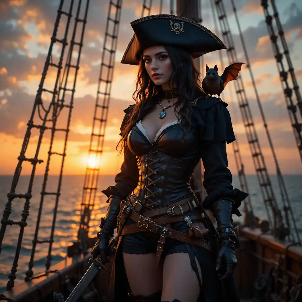 Pirate batgirl on a ship bow at glowing sunset