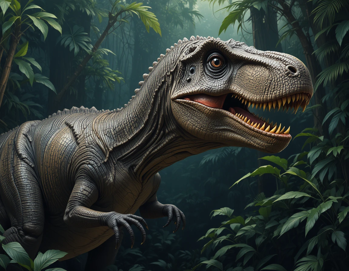 Close up portrait of roaring tyrannosaurus rex in jungle
