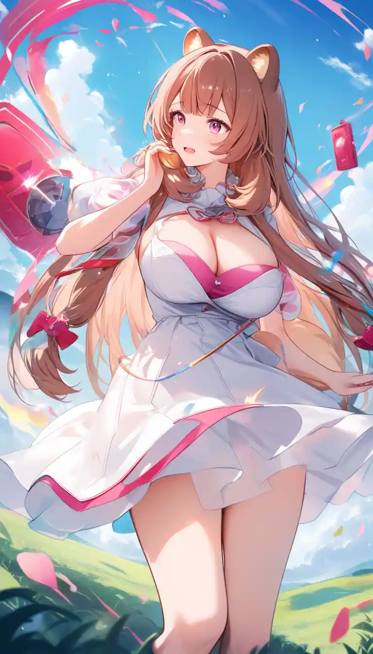 Anime raccoon girl in white dress above the clouds