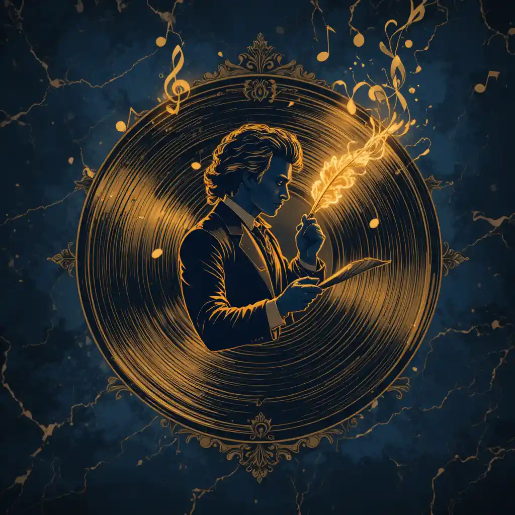 Logo vinyle vintage élégant avec détails musicaux dorés
