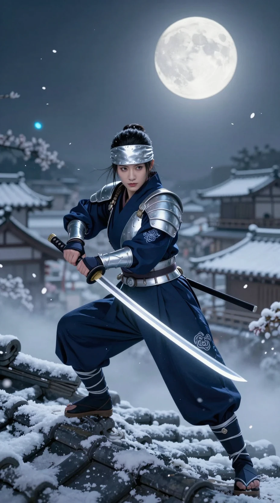 Shinobi femenina en un tejado a la luz de la luna con katana luminosa